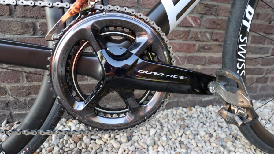 Shimano Dura-Ace crankset on black and red BMC road bike