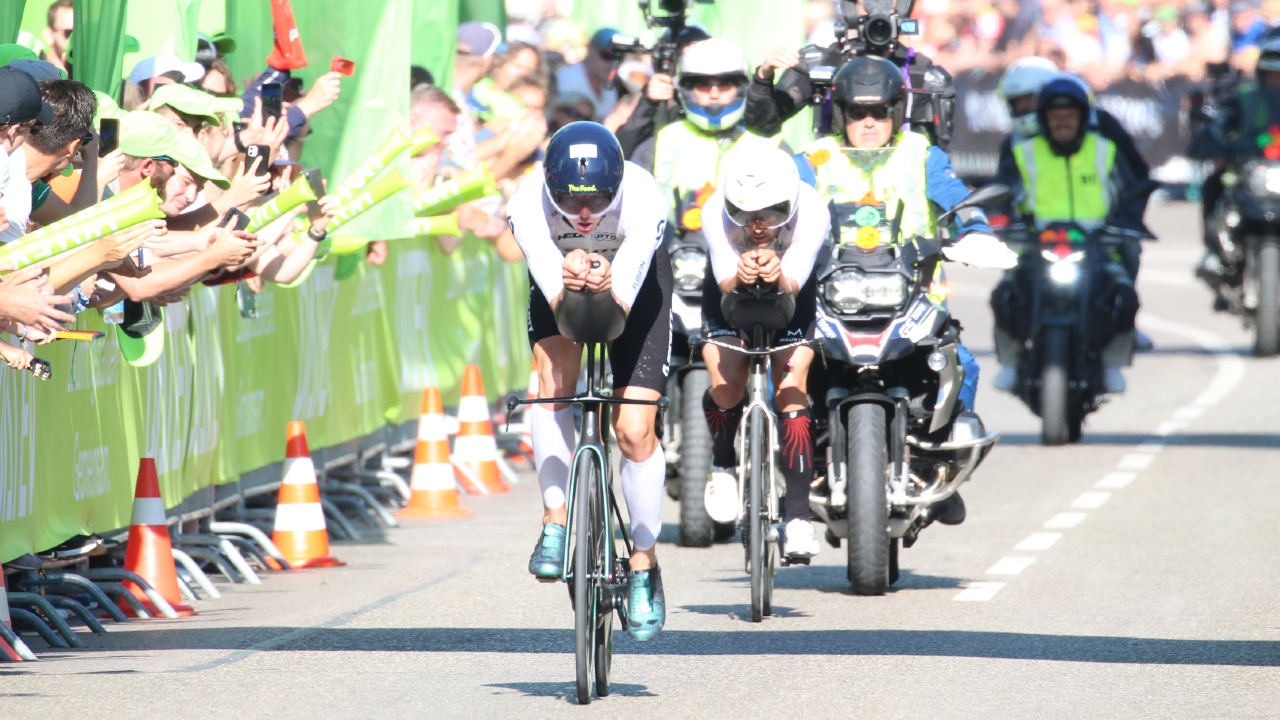 Magnus Ditlev and Sam Laidlow head up the Solarer Berg at Challenge Roth 2023