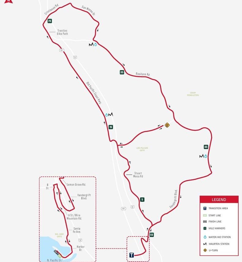 The bike course for the 2024 edition of IRONMAN 70.3 Oceanside.