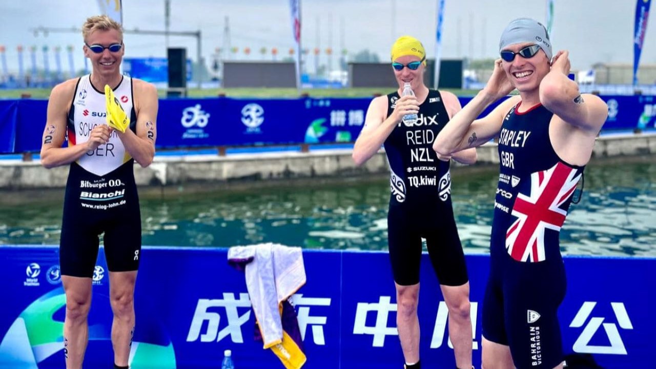 Pre-race at 2024 World Triathlon Cup Chengdu - Max Stapley, Jonas Schomburg and Taylor Reid