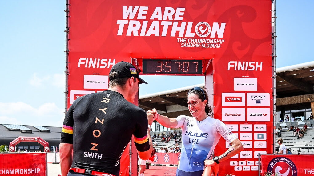 India Lee (GBR) and Kyle Smith (NZL) celebrate together at the finish line in Samorin.
