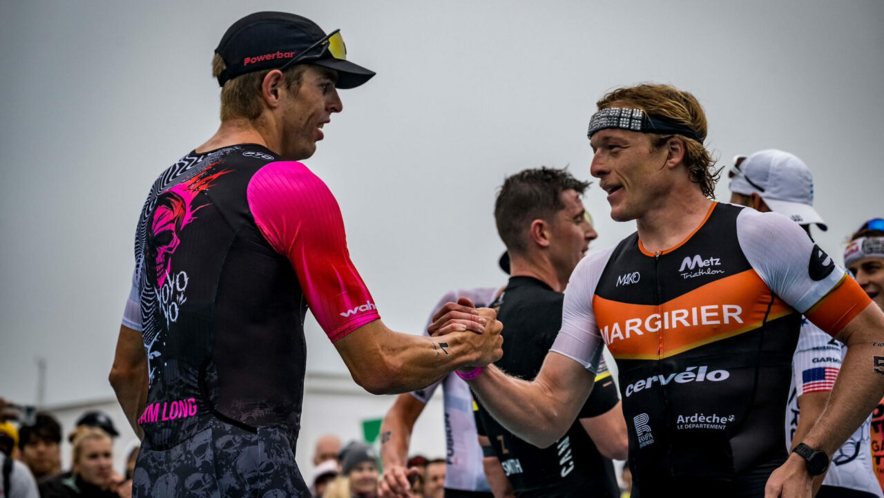 Sam Long and Mathis Margirier shake hands after a battle on the run.