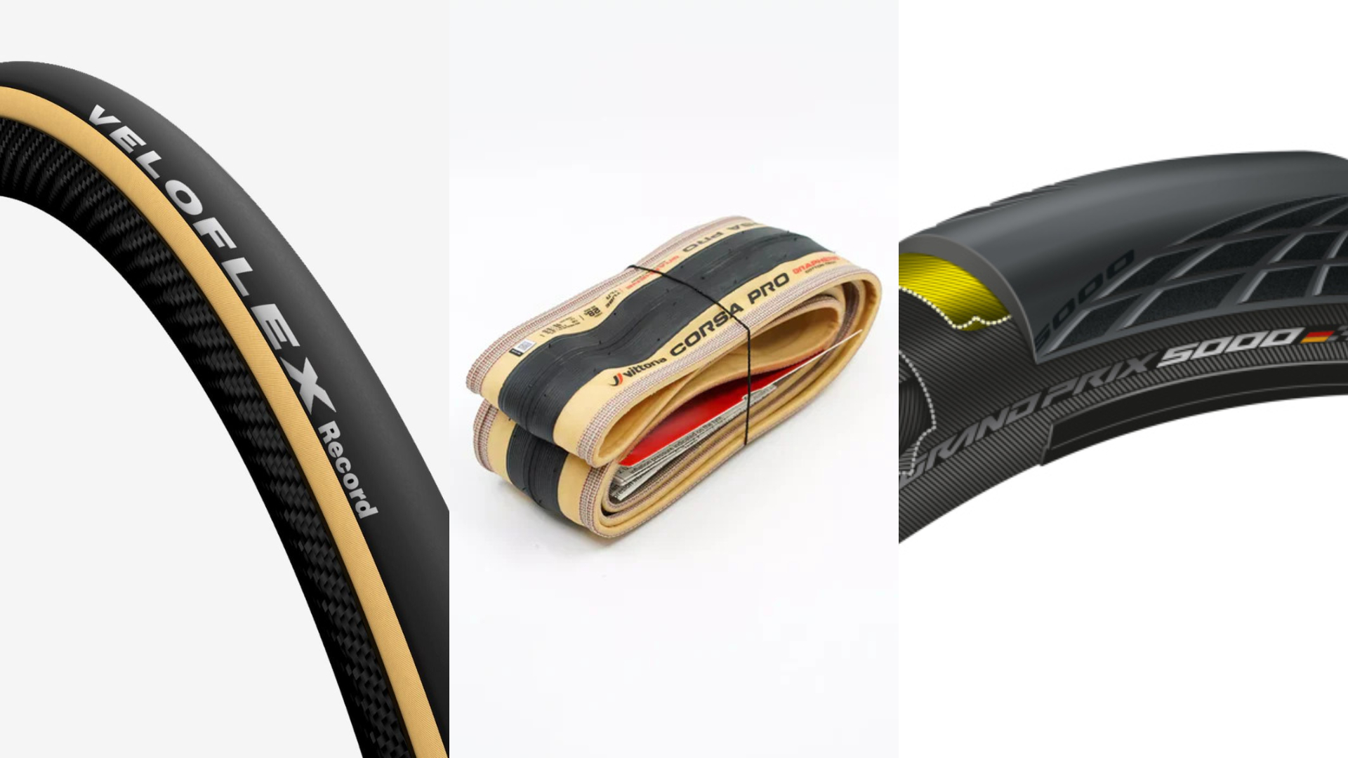 Collage of three road bike tyres