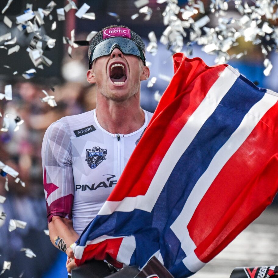 Casper Stornes celebrates at the finishing line of the IRONMAN World Championships in Nice, 2025.