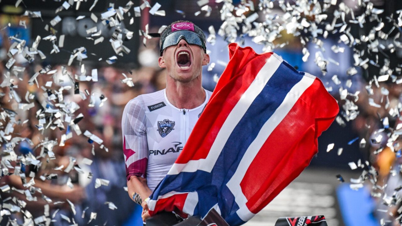 Casper Stornes celebrates at the finishing line of the IRONMAN World Championships in Nice, 2025.