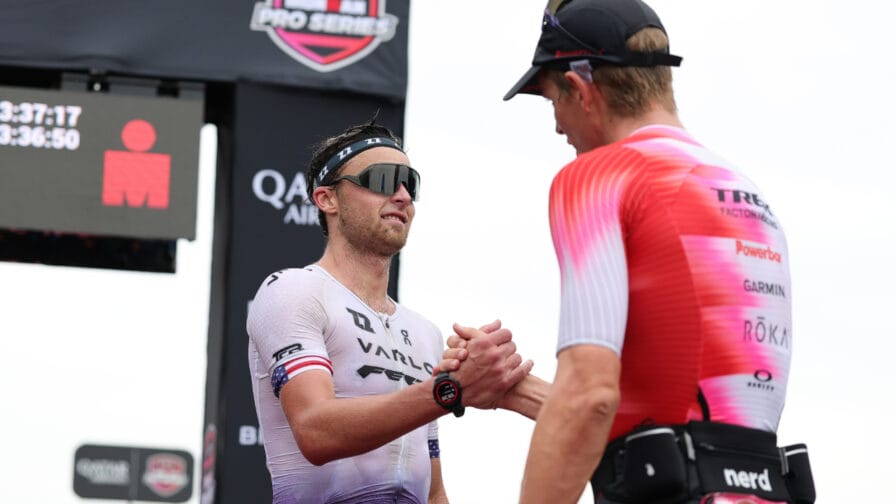 Americans Trevor Foley and Sam Long pictured after the 70.3 Eagleman in 2025. [Photo credit: IRONMAN]