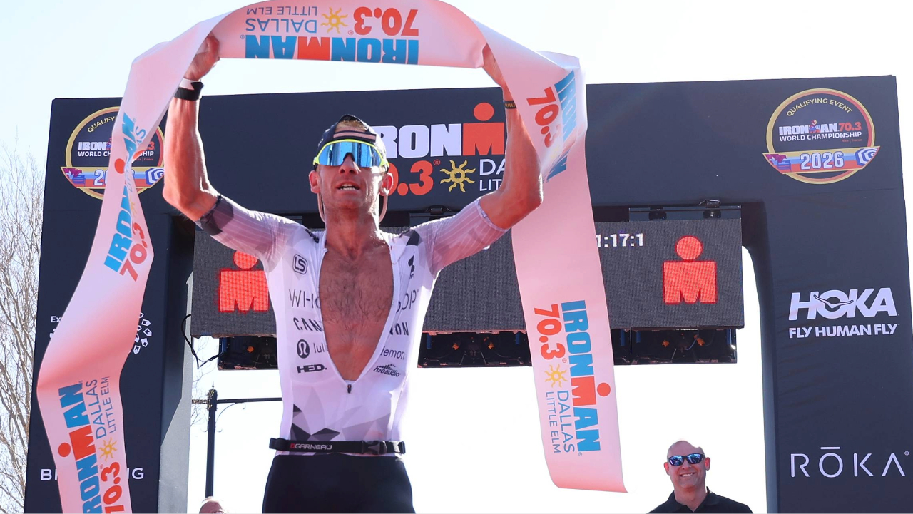 Lionel Sanders crosses the line at Dallas Little-Elm 70.3