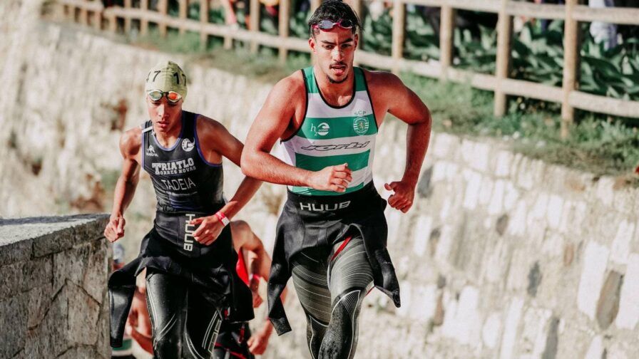 Triathletes performing swimming, cycling, and running in a triathlon race, showcasing a complete training routine across all three disciplines
