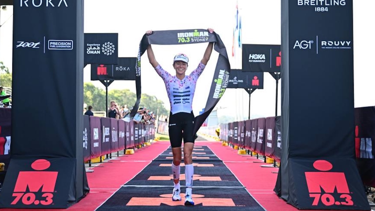 Natalie Van Coevorden claiming the title at IRONMAN 70.3 Western Sydney 2026